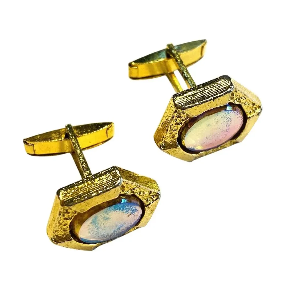 Unique Vintage Cufflinks 1970’s Goldtone & Reflecting Center Stones Hexagon Chic